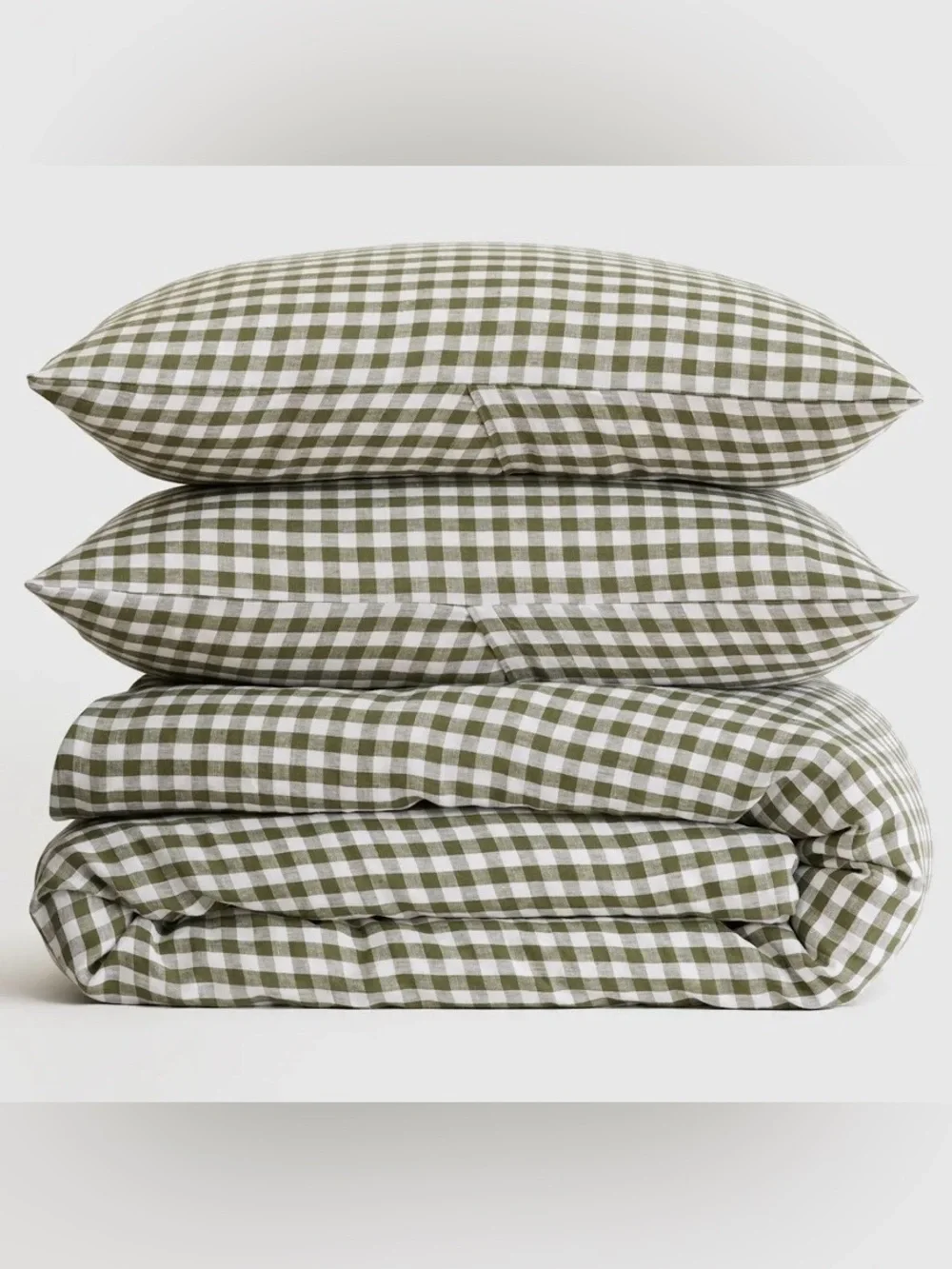 NWT Quince European Linen Gingham 3 Pc Duvet Cover Set, King/Cal (Olive)